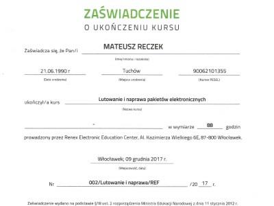 Certyfikat Targen Mateusz Reczek Renex EEC